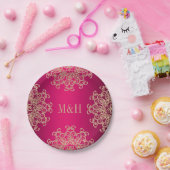 Monogrammed Fuchsia and Gold Indian Style Wedding Papieren Bordje (Feest)