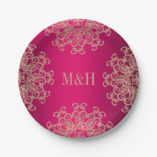 Monogrammed Fuchsia and Gold Indian Style Wedding Papieren Bordje (Voorkant)