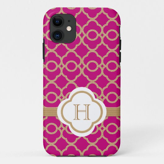 Monogrammed Fuchsia Pink Gold Moroccan Case-Mate iPhone Case (Achterkant)