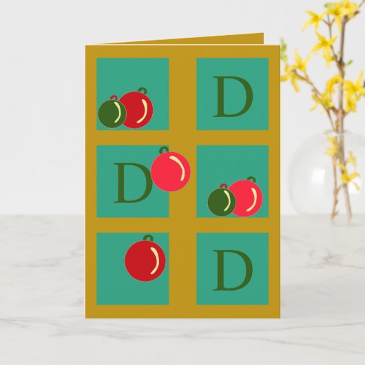 Monogrammed Fun Ornamenten Rood Groen Goud Kerst Kaart (Gele Bloem)