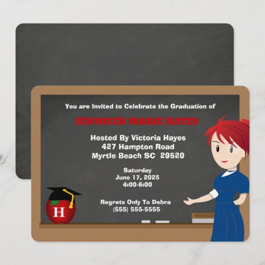 Monogrammed Fun Teacher Afstuderen Invitation Kaart (Voorkant / Achterkant)
