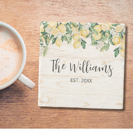 Monogrammed gele citroenboom wit hout stenen onderzetter