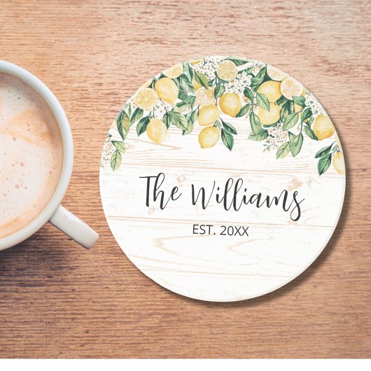 Monogrammed gele citroenboom wit hout zandsteen onderzetter