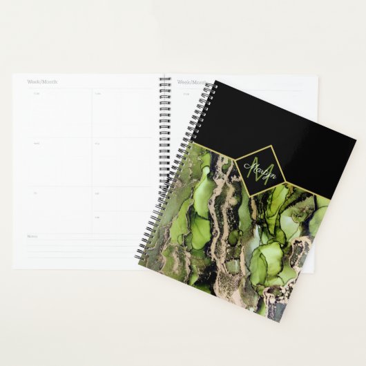 Monogrammed genaamd Black Green Gold Abstract Planner (Display)