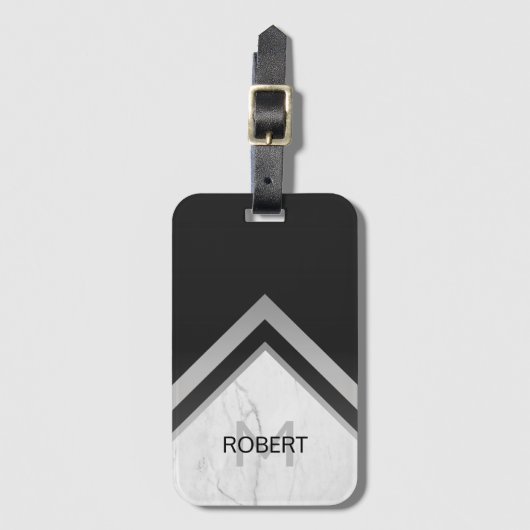Monogrammed Geometric Chevron Black Silver Marble Bagagelabel (Voorkant (verticaal))