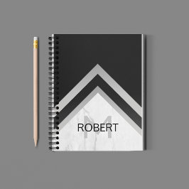 Monogrammed Geometric Chevron Black Silver Marble Notitieboek