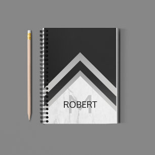 Monogrammed Geometric Chevron Black Silver Marble Notitieboek