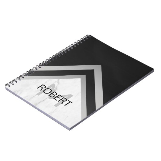 Monogrammed Geometric Chevron Black Silver Marble Notitieboek (Linkerzijde)