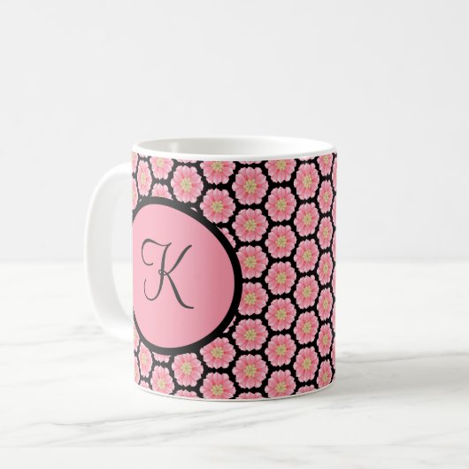 Monogrammed gepersonaliseerde Roze en Zwarte Flora Koffiemok (Voorkant links)