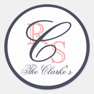 Monogrammed getrouwde naam, perzik, marineblauw ronde sticker