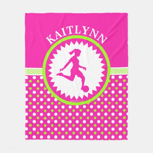 Monogrammed Girls Soccer Pink - Green Polka-Stippe Fleece Deken (Voorkant)