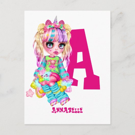 Monogrammed Girls Unicorn Cute  Briefkaart (Voorkant)
