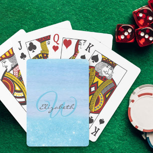 Monogrammed Girly Aqua Blue Ombre Shimmer Pokerkaarten