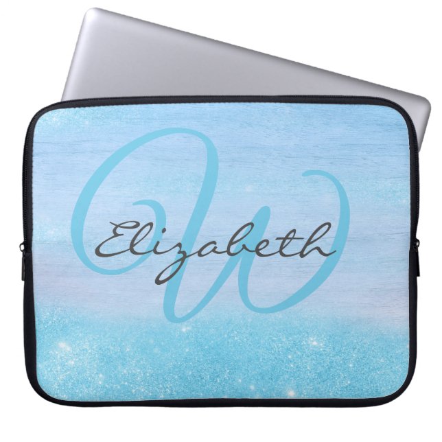 Monogrammed Girly Blue Ombre Soft Glitter Shimmer Laptop Sleeve (Voorkant)