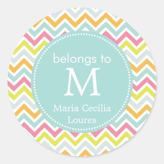 Monogrammed Girly Chevron Regenboog Modern Ronde Sticker (Voorkant)