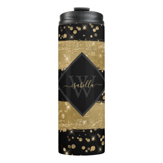 Monogrammed Girly Modern Black Gold Glitter Script Thermosbeker (Voorkant)