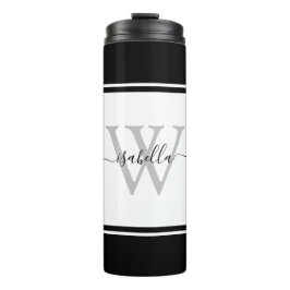 Monogrammed Girly Modern Trendy Script Black White Thermosbeker