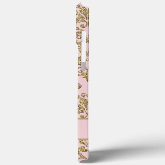 Monogrammed Girly Pink n Gold Glitter Damask Name Case-Mate iPhone Case (Achterkant / Links)