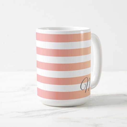 Monogrammed Girly Pink Peach gradiëntstripes Koffiemok (Voorkant rechts)