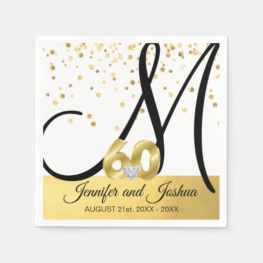 Monogrammed Gold 60th Wedding Jubileum Napkins Servet (Voorkant)
