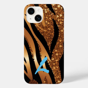 Monogrammed Gold Agaat Tijger Luipaard Glitter Case-Mate iPhone 14 Hoesje