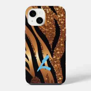 Monogrammed Gold Agaat Tijger Luipaard Glitter iPhone 14 Hoesje
