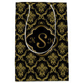 Monogrammed Gold & Black Floral DamasPattern Medium Cadeauzakje (Voorkant)