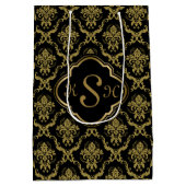 Monogrammed Gold & Black Floral DamasPattern Medium Cadeauzakje (Achterkant)