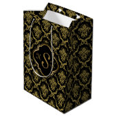Monogrammed Gold & Black Floral DamasPattern Medium Cadeauzakje (Achterkant Gekanteld)
