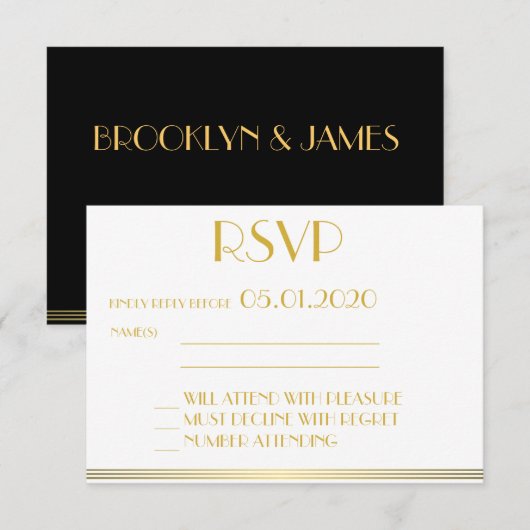 Monogrammed Gold Black Great Gatsby Wedding RSVP (Voorkant / Achterkant)