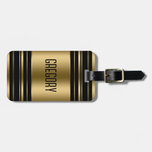 Monogrammed Gold & Black Stripes Pattern Bagagelabel (Voorkant horizontaal)
