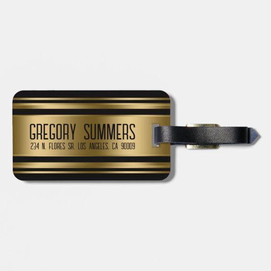 Monogrammed Gold & Black Stripes Pattern Bagagelabel (Achterkant horizontaal)