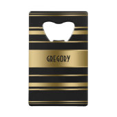 Monogrammed Gold & Black Stripes Pattern Creditkaart Flessenopener (Voorkant)