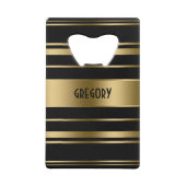 Monogrammed Gold & Black Stripes Pattern Creditkaart Flessenopener (Achterkant)