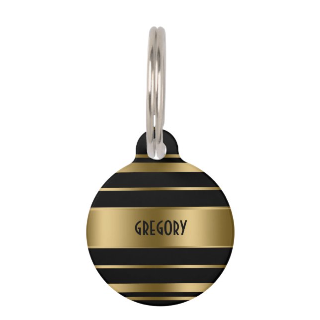 Monogrammed Gold & Black Stripes Pattern Huisdierpenning (Voorkant)