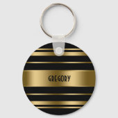Monogrammed Gold & Black Stripes Pattern Sleutelhanger (Voorkant)
