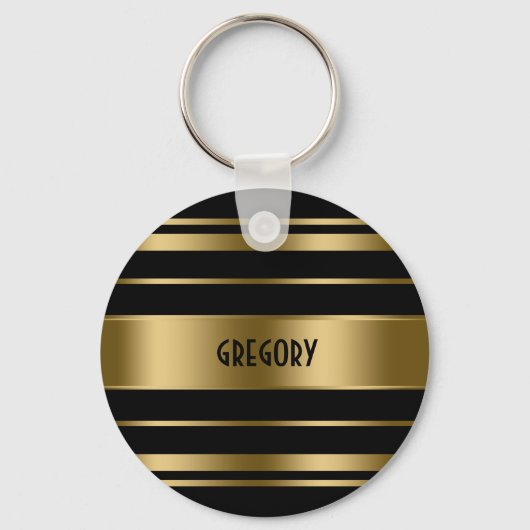 Monogrammed Gold & Black Stripes Pattern Sleutelhanger (Voorkant)