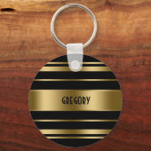 Monogrammed Gold & Black Stripes Pattern Sleutelhanger (Achterkant)