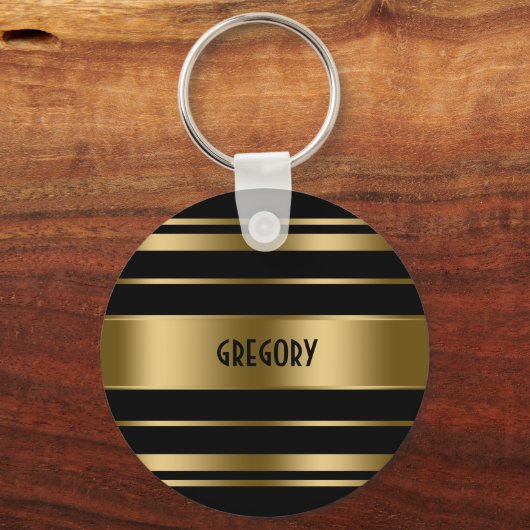 Monogrammed Gold & Black Stripes Pattern Sleutelhanger (Achterkant)