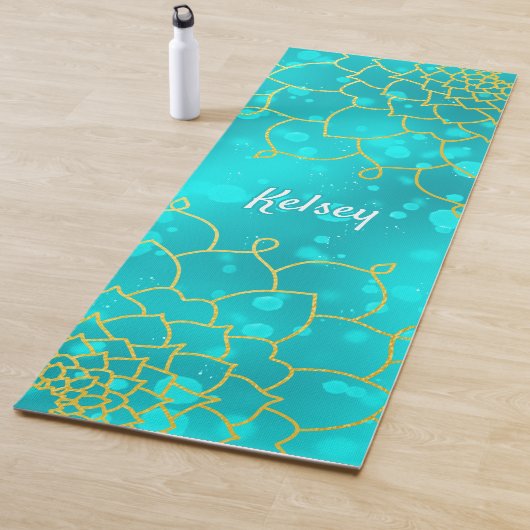 Monogrammed Gold & Blue Mandala Pattern Yoga Mat (In situ)