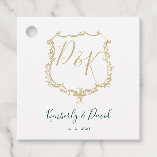 Monogrammed Gold Crest en Forest Green Wedding Bedankjes Labels (Voorkant)