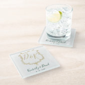 Monogrammed Gold Crest en Forest Green Wedding Glazen Onderzetter (Schuin)