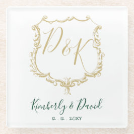 Monogrammed Gold Crest en Forest Green Wedding Glazen Onderzetter