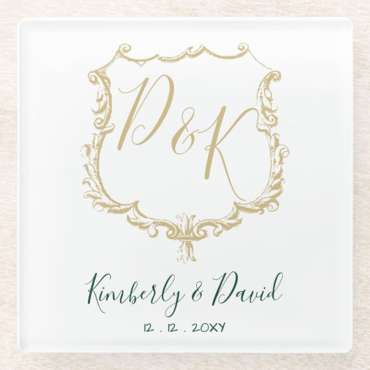 Monogrammed Gold Crest en Forest Green Wedding Glazen Onderzetter (Voorkant)