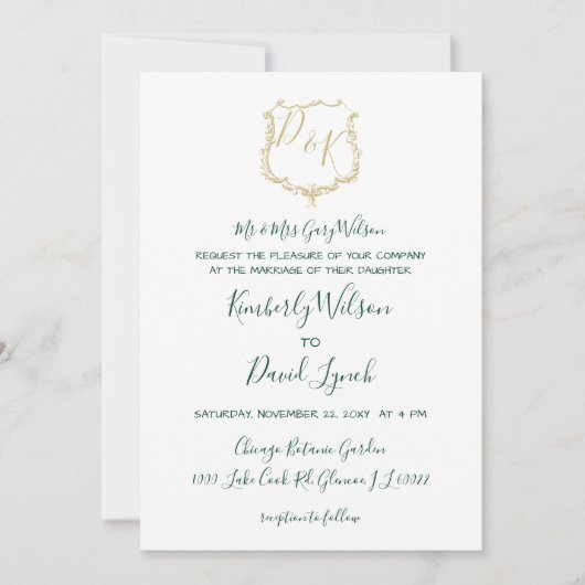 Monogrammed Gold Crest en Forest Green Wedding Kaart (Voorkant)