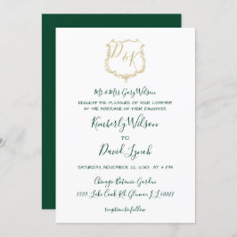 Monogrammed Gold Crest en Forest Green Wedding Kaart