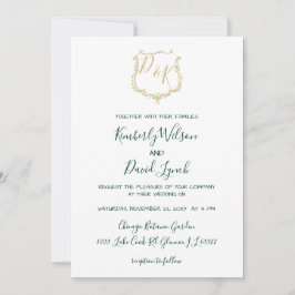 Monogrammed Gold Crest en Forest Green Wedding Kaart