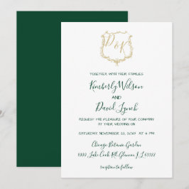 Monogrammed Gold Crest en Forest Green Wedding Kaart