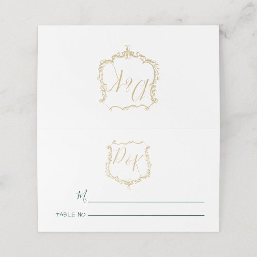 Monogrammed Gold Crest en Forest Green Wedding Plaatskaartje (Buitenkant ongevouwen)