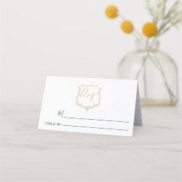 Monogrammed Gold Crest en Forest Green Wedding Plaatskaartje